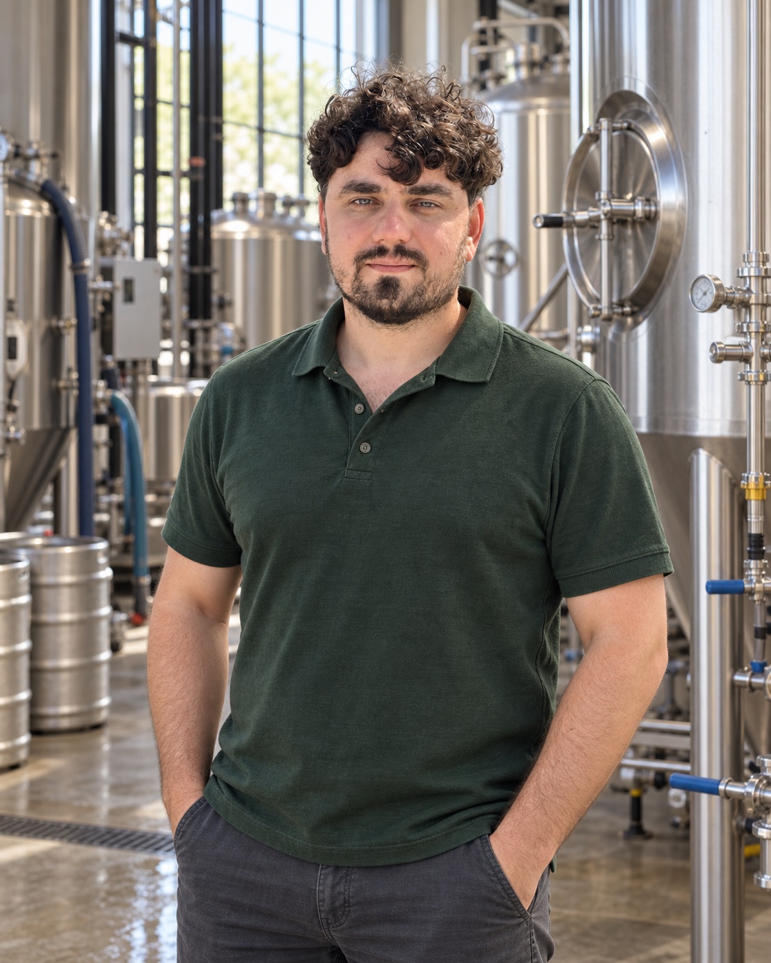 Ievgen Podliesnykh in a dark green polo with brewery equipment